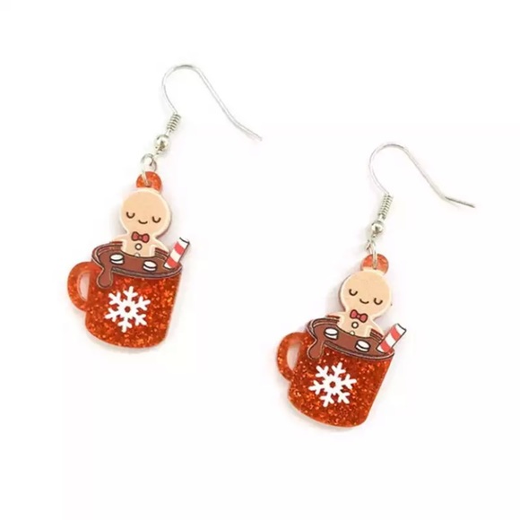 Hot Cocoa Earrings! Sparkly Red Mugs Gingerbread Men & Marshmallows - Picture 4 of 5